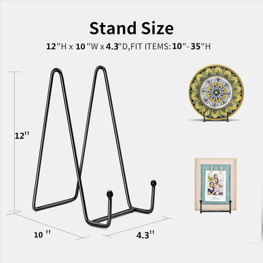 Kruodop 4 pack of 12 inch plate stands for display, black metal frame holder stands for plates, picture frames, books, small easels, decorative plates, photos, platters, and tabletop art(black)