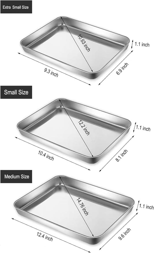 Little Serving Trays Stainless Steel 304 in Bulk Small Cookie Baking Sheet Pans 10.4 x8.1 x1.1Inch (Diagonal 12.3) Reheat Food Small Items No Rust Dishwasher Safe Bakeware for 2 Person 12 Pack