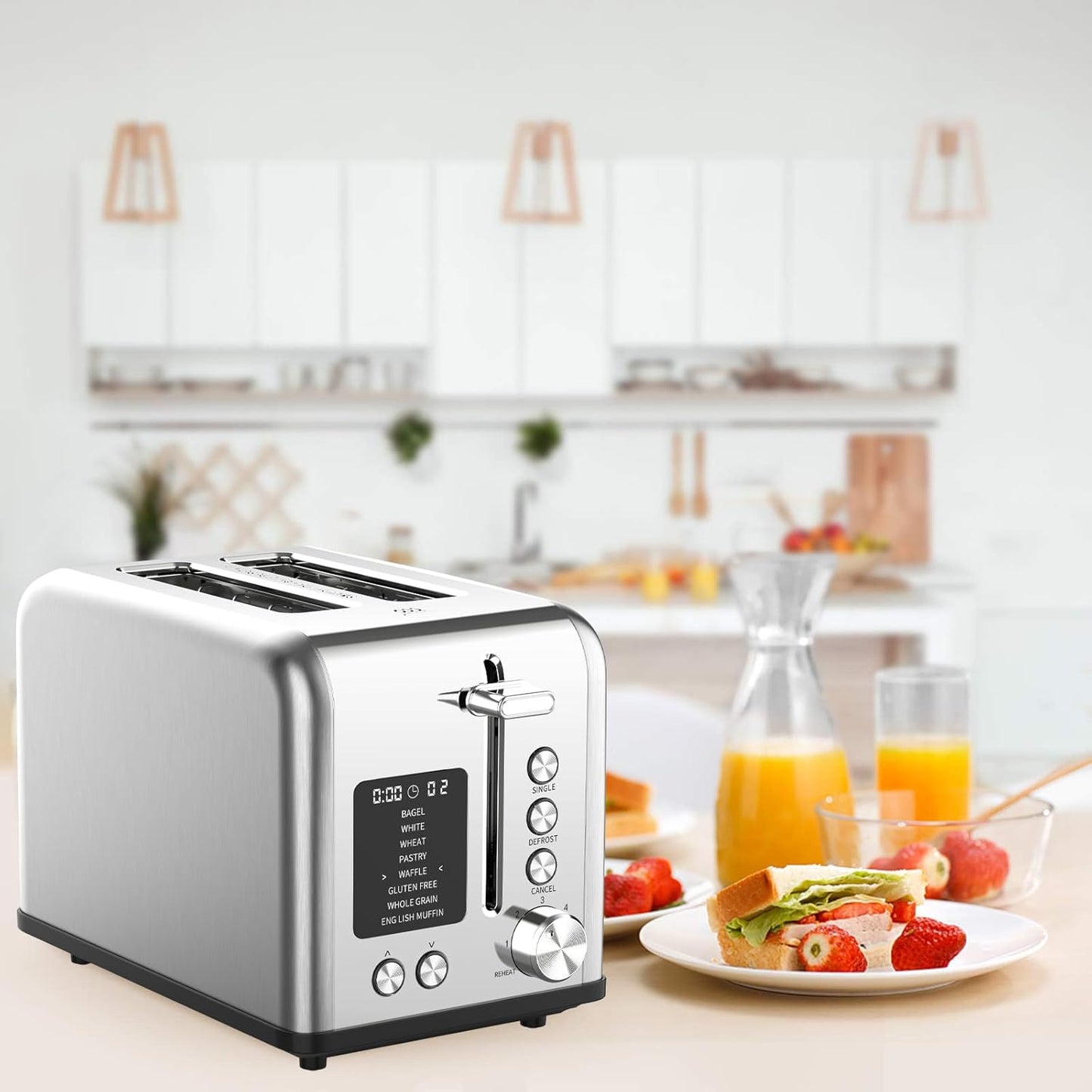 2-Slice Toaster with 8 Bread Types & 6 Browning Levels, Timer Count-down Display, Defrost, Reheat and Cancel Setting with LED Lighting, Extra lifting, Self-centering and Single Function, 825W