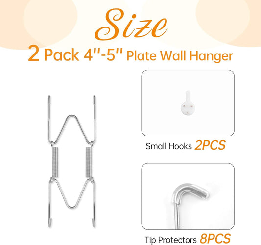 2 Pack Plate Hangers for The Wall, Suitable for 4-5 inch Art Plate, Stainless Steel Invisible Heavy Duty Wire Plate Holder with Wall Hooks, Plate Hangers for Displaying Plates, Platter, Dish, Silver