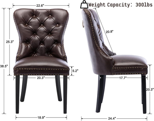 PU Leather Dining Chairs Set of 2 Mid Century Modern Tufted Chairs Armless Rubber Wood Vintage Chairs Upholstered Nailhead Side Chair for Kitchen/Cafe Decor Furniture, Coffee with Pull Ring