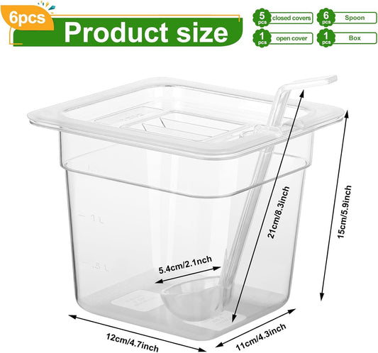 6 Pack Plastic Food Pans with Lids 1/6 Size 6'' Deep Restaurant Food Containers Stackable Clear Polycarbonate Commercial Hotel Pans with 1 Plastic Spoon for Fruits Vegetables