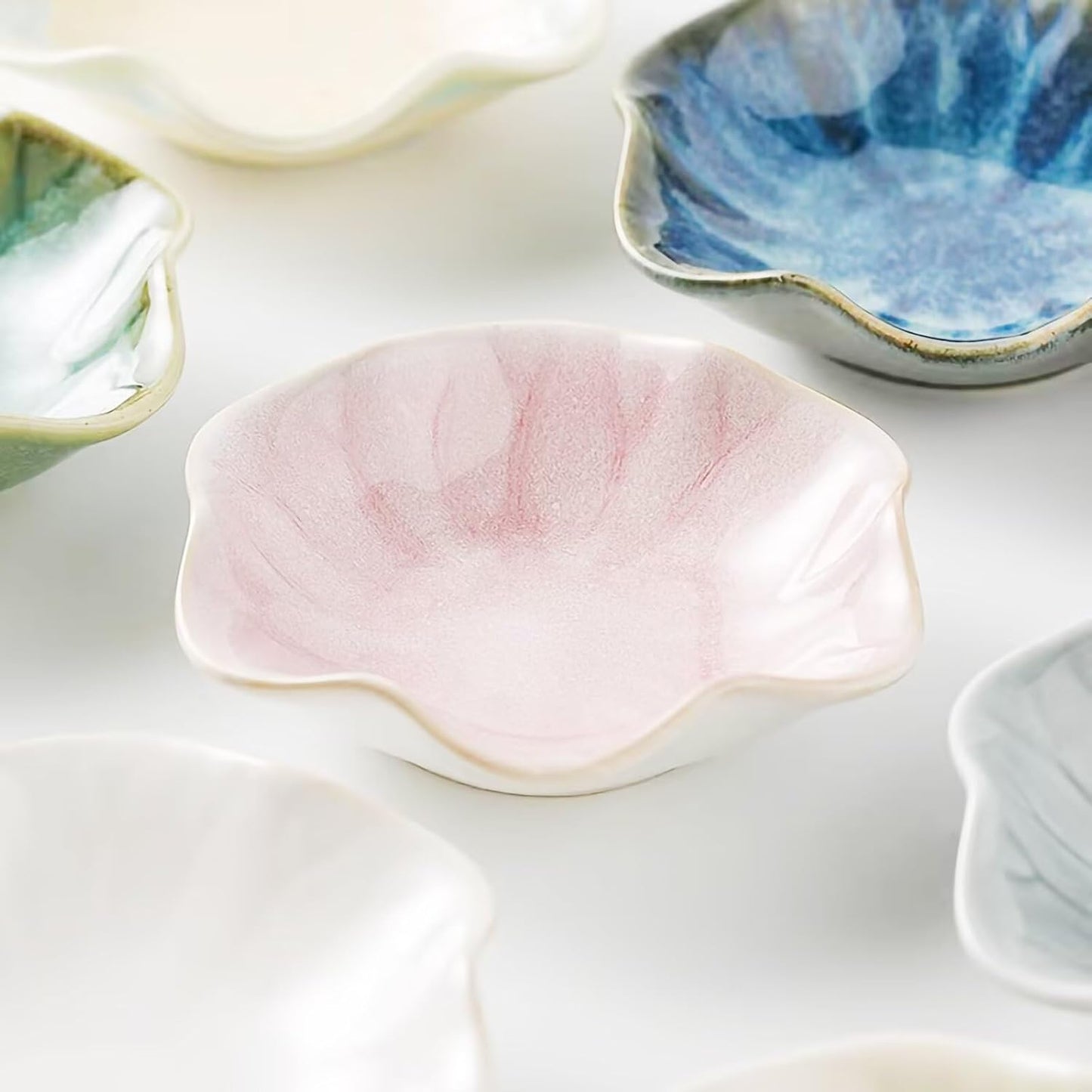 2Pcs Ceramic Jewelry Dish - Lotus Leaf Shape, for Ring Holder Necklace Small Key, Suitable for Mother Friend Sister, Gifts for Women, Cute Plate Trinket Tray, Home Decor (Crystal Green & Pink)