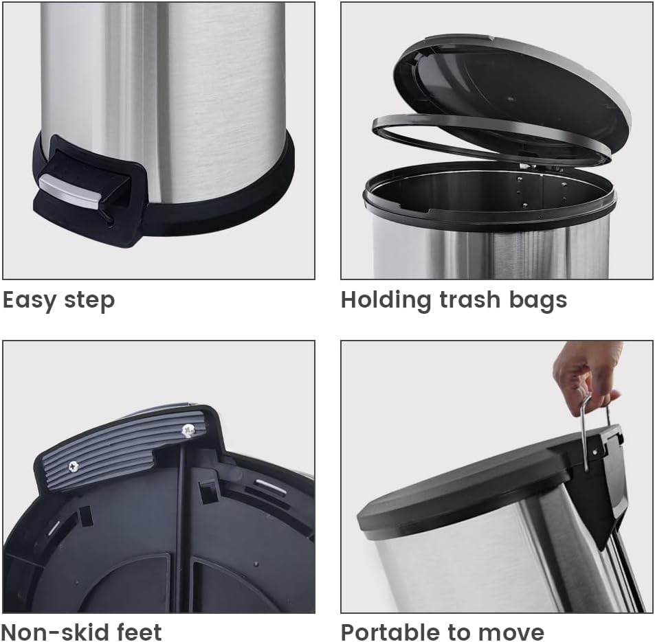 10 Gallon Stainless Steel Trash Can – Round Tall Design, Hands-Free Pedal, Liner-Free with Inner Ring Bag Holder,Rust-Proof for Kitchen, Office, or Bathroom