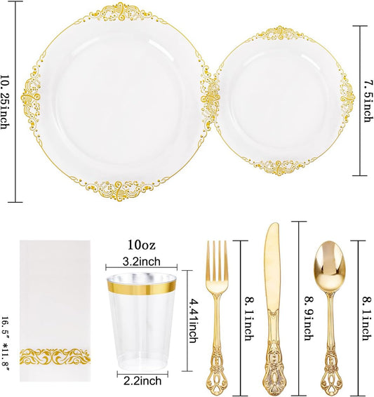 YOUBET 700PCS Clear Gold Plastic Plates - Elegant Gold Plastic Dinnerware Set Include 200 Disposable Plates, 300 Heavy Duty Silverware, 100 Cups, 100 Napkins for Wedding Party & Thanksgiving