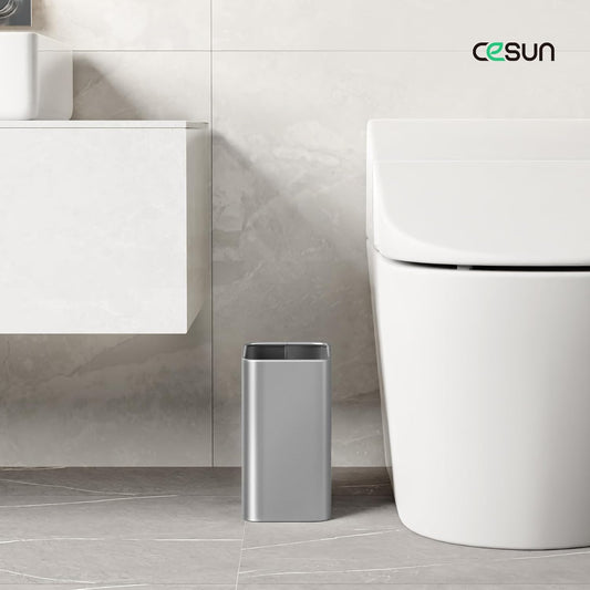 Cesun Small Bathroom Trash Can 2.1 Gallon Wastebasket, Modern Metal Garbage Can Office Waste Basket, Silver Stainless Steel Trash Bin for Bedroom, Home Office, Toilet, rv, Near Desk, Under Sink.