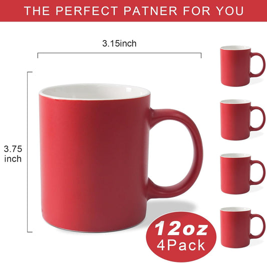 12 oz Cup (4pcs), Red Ceramic Coffee Mug for Milk Tea, Set of 4