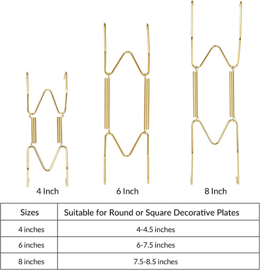 12-Pack Invisible Wall Plate Hangers, 4/6/8 Inch Brass Plate Holders with 16-Pack Wall Hooks