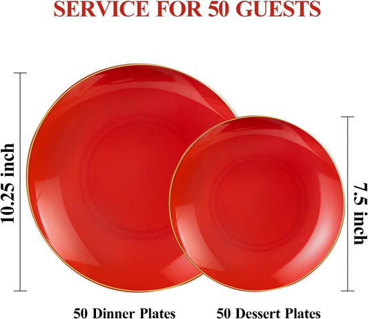 100PCS Red Plastic Plates, Red Disposable Plates for Party, Graduation, Include 50 Dinner Plates, 50 Dessert Plates for 50 Guests