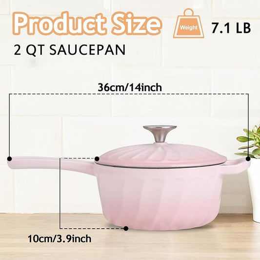 Enameled Cast Iron Sauce Pan, 2 Quart Enameled Saucepan with Lid, Mini Dutch Oven Enamel Saucepan for Cooking Pasta Sauce, Gravy, Puddings, Marinate, Boiling (Gradient Pink)
