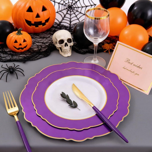 WDF 30Guest Purple Plastic Plates with Gold Rim & Disposable Gold Plastic Silverware With Purple Handle - Baroque Party Plates Mardi Gras Plate for Birthday Parties/Halloween