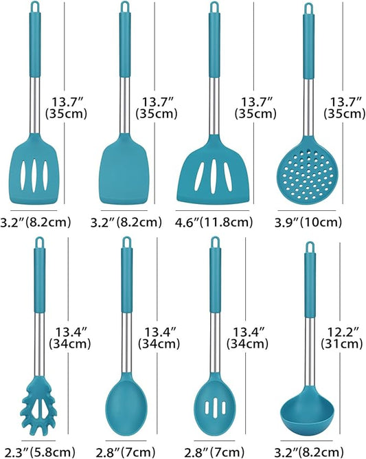 Silicone Cooking Utensil Set, 8Pcs Non-stick Cookware with Stainless Steel Handle, BPA Free Heat Resistant Kitchen Tools with Spatulas, Turners, Spoons, Skimmer and Pasta Fork