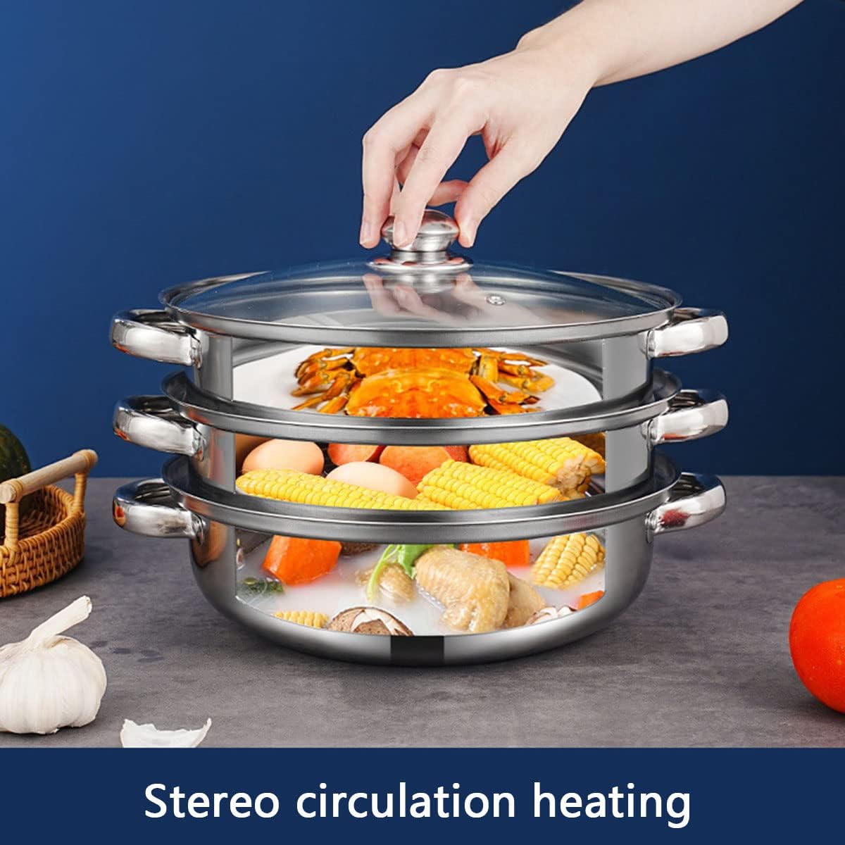 Steamer Pot for Cooking 11 inch, Steamer Pots 3-tier Multipurpose Stainless Steel Steam Pot Cookware with Handle for Vegetable