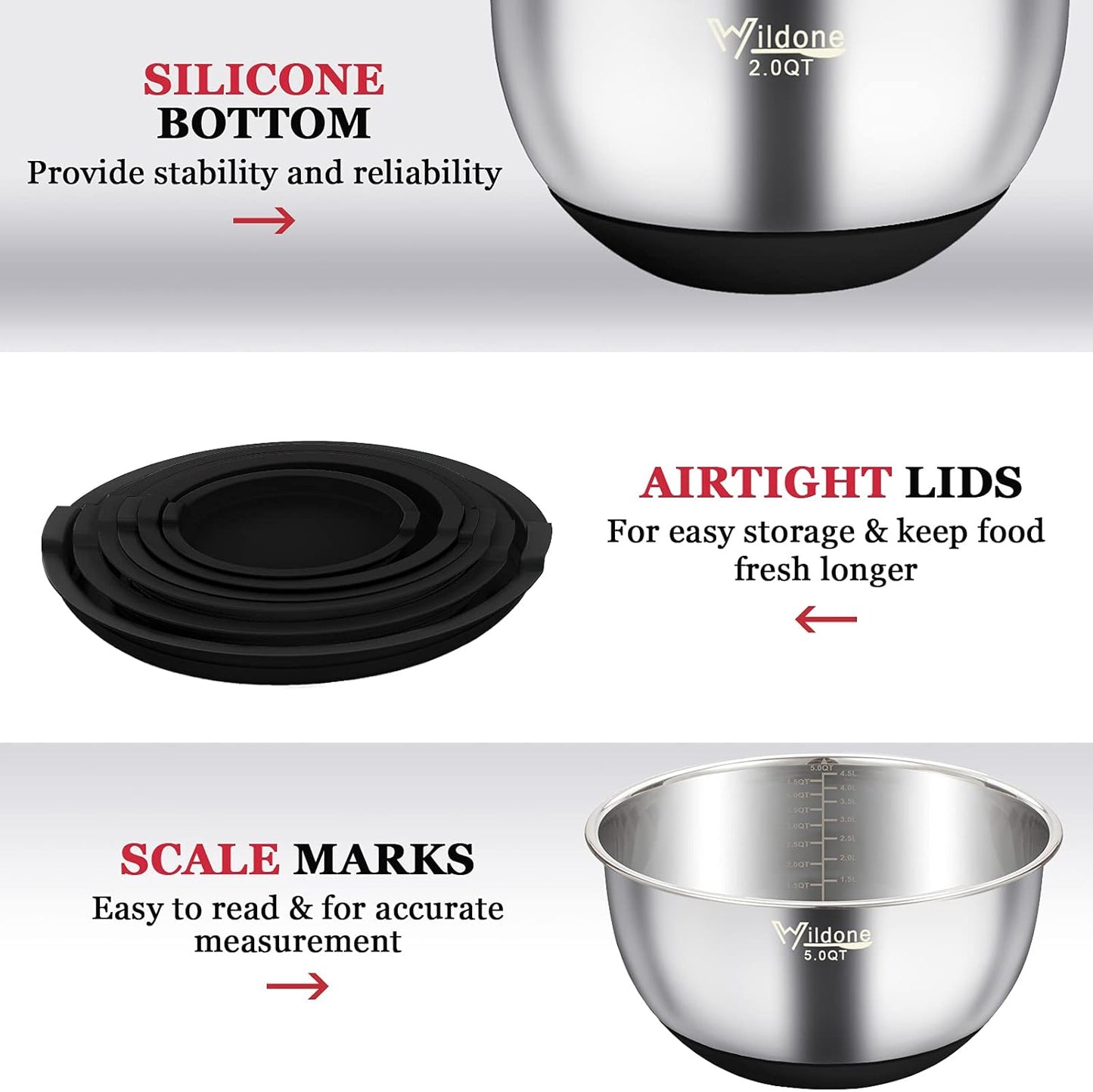 Wildone Mixing Bowls with Airtight Lids, 22 PCS Stainless Steel Nesting Bowls, with 3 Grater Attachments, Scale Marks & Non-Slip Bottom, Size 5, 4, 3, 2,1.5, 0.63QT, Ideal for Mixing & Prepping