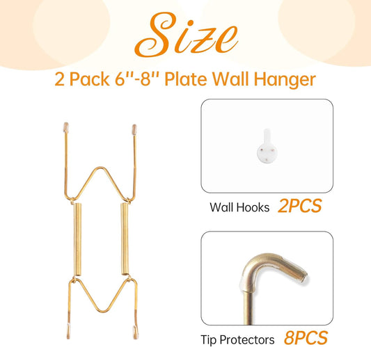2 Pack Plate Hangers for The Wall, Suitable for 6-8 inch Art Plate, Stainless Steel Invisible Heavy Duty Wire Plate Holder with Wall Hooks, Plate Hangers for Displaying Plates, Platter, Dish, Gold