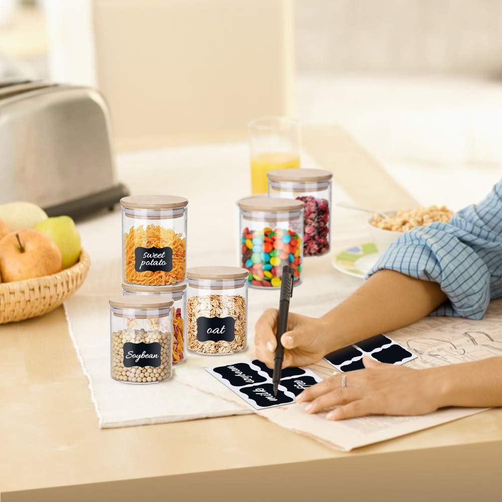 Glass Jars 9OZ, 12 Set with Bamboo Airtight Lids and Labels, Food Cereal Storage Large Spice Containers for Home Kitchen Tea Coffee Flour Herbs Grains