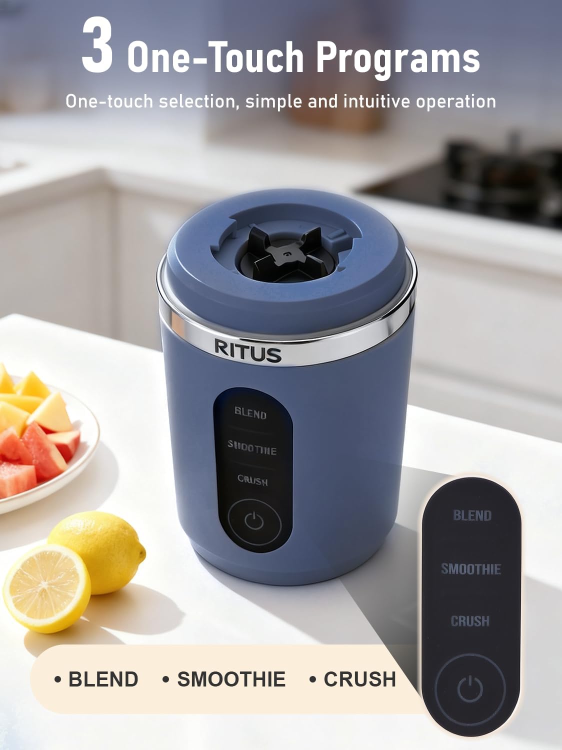 RITUS VORTEX Pro Portable Blender,Personal Blender w/Removable Vessel-for-Smoothies Blend Ice Crush 3 Programs,Cordless 20oz BPA Free Vessel Magnetic-Ring Dishwasher Safe, Leakproof,Navy