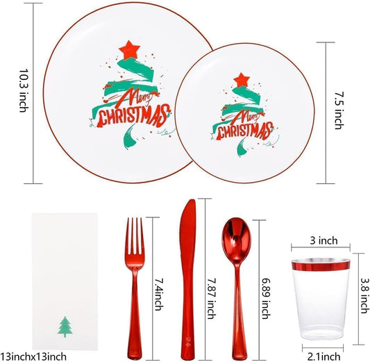WDF 175pcs Christmas Plates Dinnerware - 25 Guests Unquie Desgin Red Plastic Plates with Green Christmas Tree Pattern, Red Plastic Cutlery, Clear Red Cups and Christmas Tree Napkins