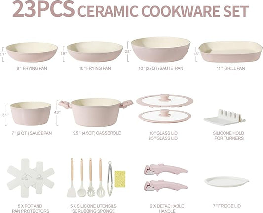 23pcs Ceramic Pots and Pans Set, Nonstick Detachable Handle Cookware, Induction Kitchen Cooking Set with Removable Handle,include Frying Pans & Saucepans Oven Safe(Pink)