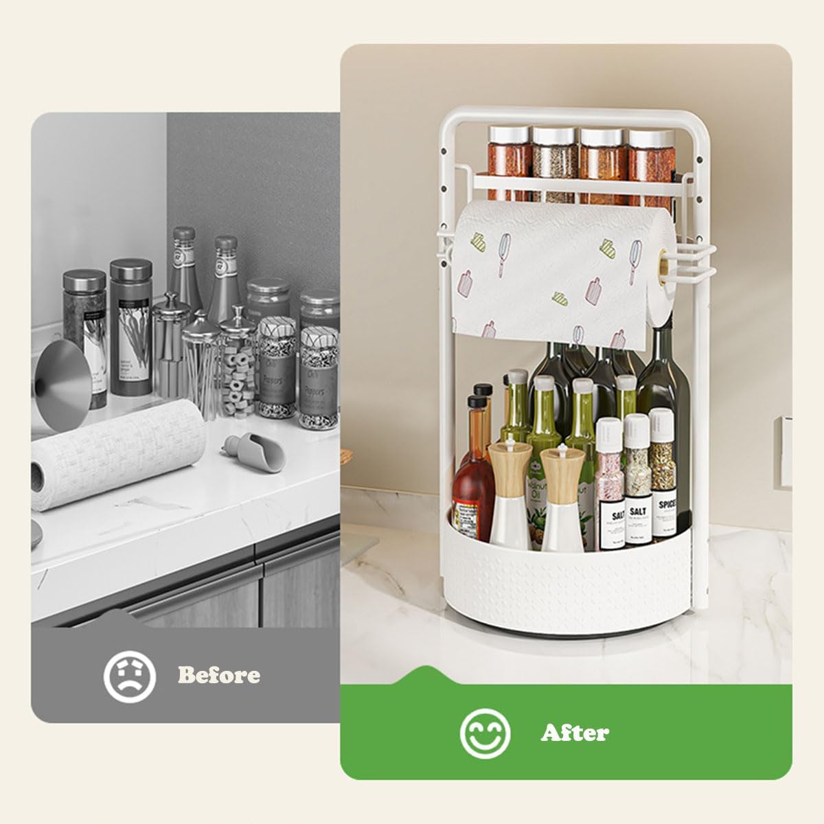 Lazy Susan Organizer, 360° Rotating Metal Spice Rack with Paper Towel Holder, Turntable Spice Holder for Condiments, Bottles, Jars, Suit for Kitchen Countertop & Cabinet, White