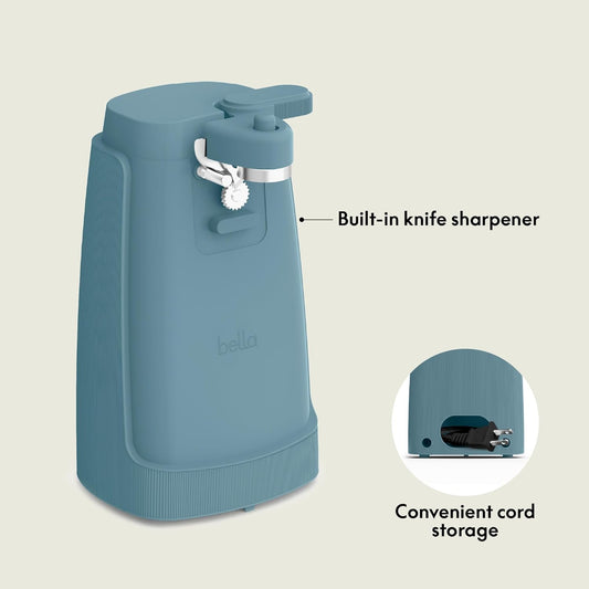 bella Electric Can Opener and Knife Sharpener, Multifunctional Jar and Bottle Opener with Removable Cutting Lever and Cord Storage, Stainless Steel Blade, Surf
