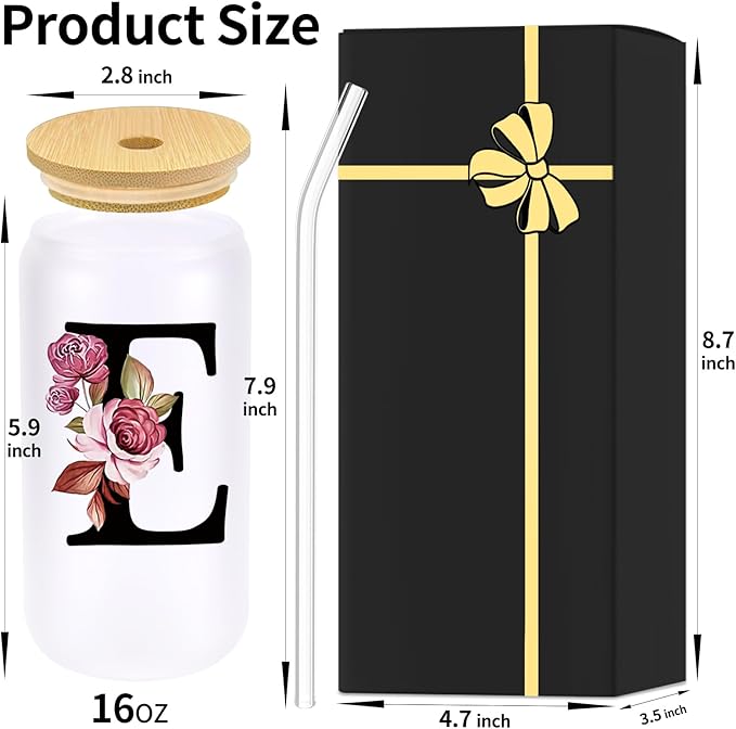 Monogrammed Glass Drinking Cup With Lid Straw Best Female Friend Happy Birthday Gift Ideal Close Women Bf Stuff Bestie Soul Sister Ever Long Distance Personalized Unique Cute Christmas Xmas Present,E