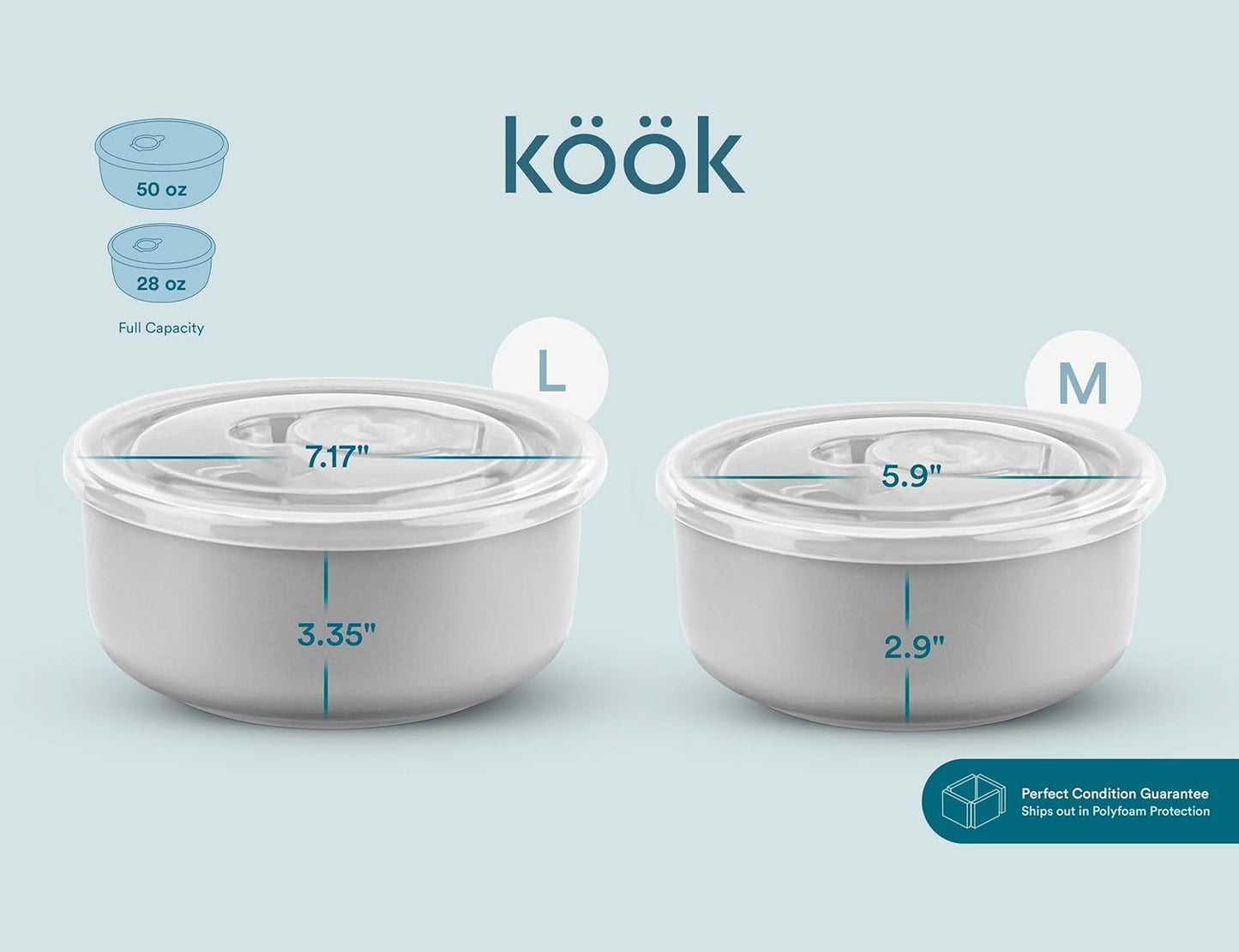 KooK Ceramic Mixing Bowls, Nesting Bowls, Set of 4, Kitchen Bowls, Prep, Serving, Gift, Microwave and Dishwasher Safe, 10/16/29/47 oz, (Grey)