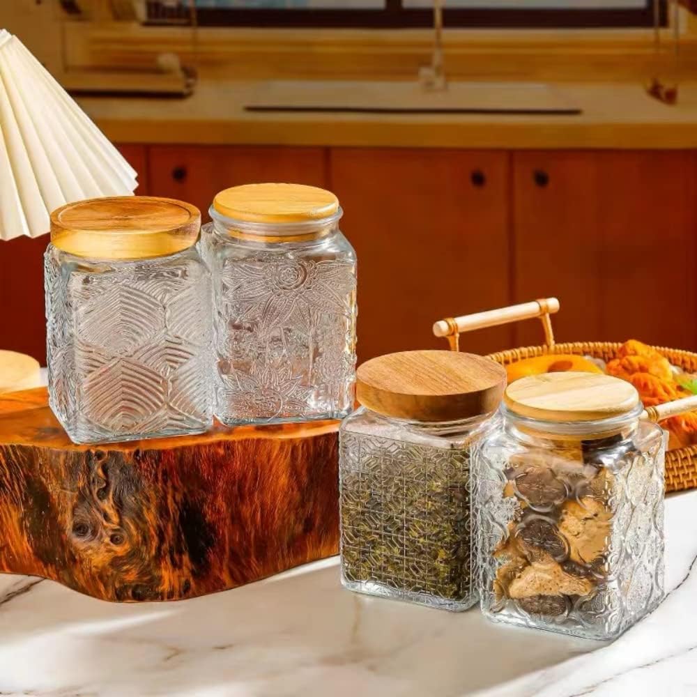 Vintage Glass Jar, 25.3 FL OZ Food Storage Container, Square Glass Jar with Lid, Decorative Jar for Home Kitchen Coffee, Tea, Candy, Sugar Jar (Square Sunflower)