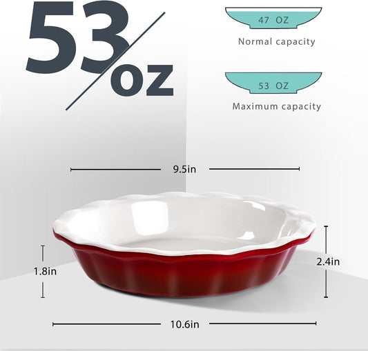Lareina Deep Dish Pie Pan for Baking, 9 Inch Ceramic Fluted Pie Dish for Apple, Quiche, Pecan, Pot Pies, 53 Ounce Round Pie Plate, Set of 2, Red