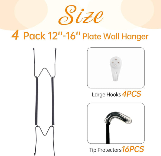 Bilillo 4 Pack Plate Hangers for The Wall, Suitable for 12''-16'' Decorative Plate,Invisible Heavy Duty Wire Plate Holder with Wall Hooks, Plate Hangers for Displaying Plates, Platter, Dish (Black)