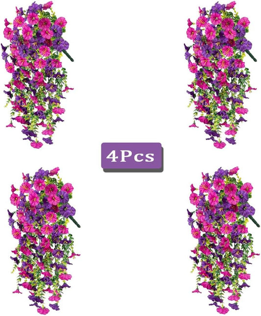 Jasion 4 Bundles Artificial Hanging Flowers Outdoor Realistic Morning Glory Silk Fake Plants UV Resistant for Porch Balcony Fence Decor (Purple&Rose Pink)