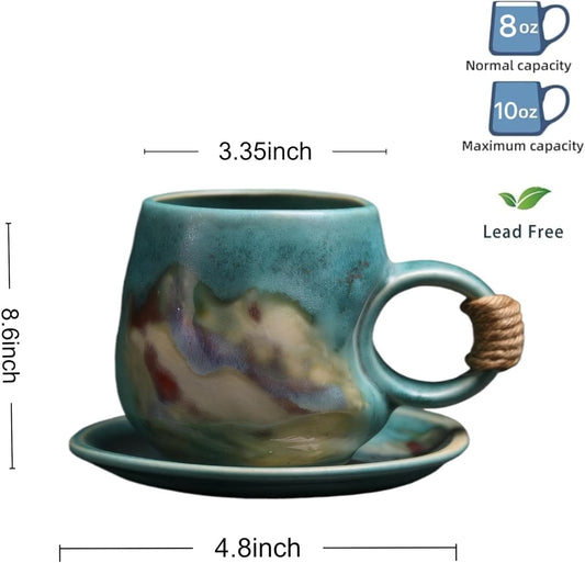 10oz Unique Vintage Retro Japanese Handmade Ceramic Cappuccino Barista Cup with Saucer – Artisanal Stoneware Coffee Mug, Lead-Free Latte Art Mug,Handmade Pottery tea mug or tea cup (1, Green)