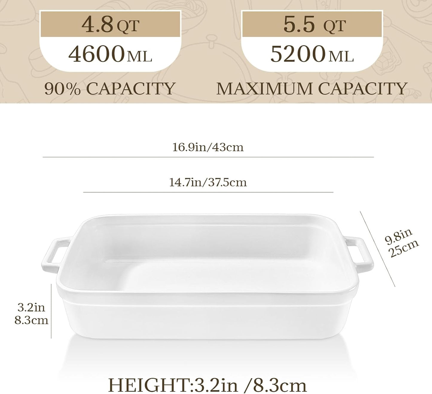 Casserole Dish,Large Baking Dish Cookware,Deep Lasagna Pan for Oven,Ceramic Bakeware for Baking, Easy to Clean (White, 5.5 Quart,No Lid)