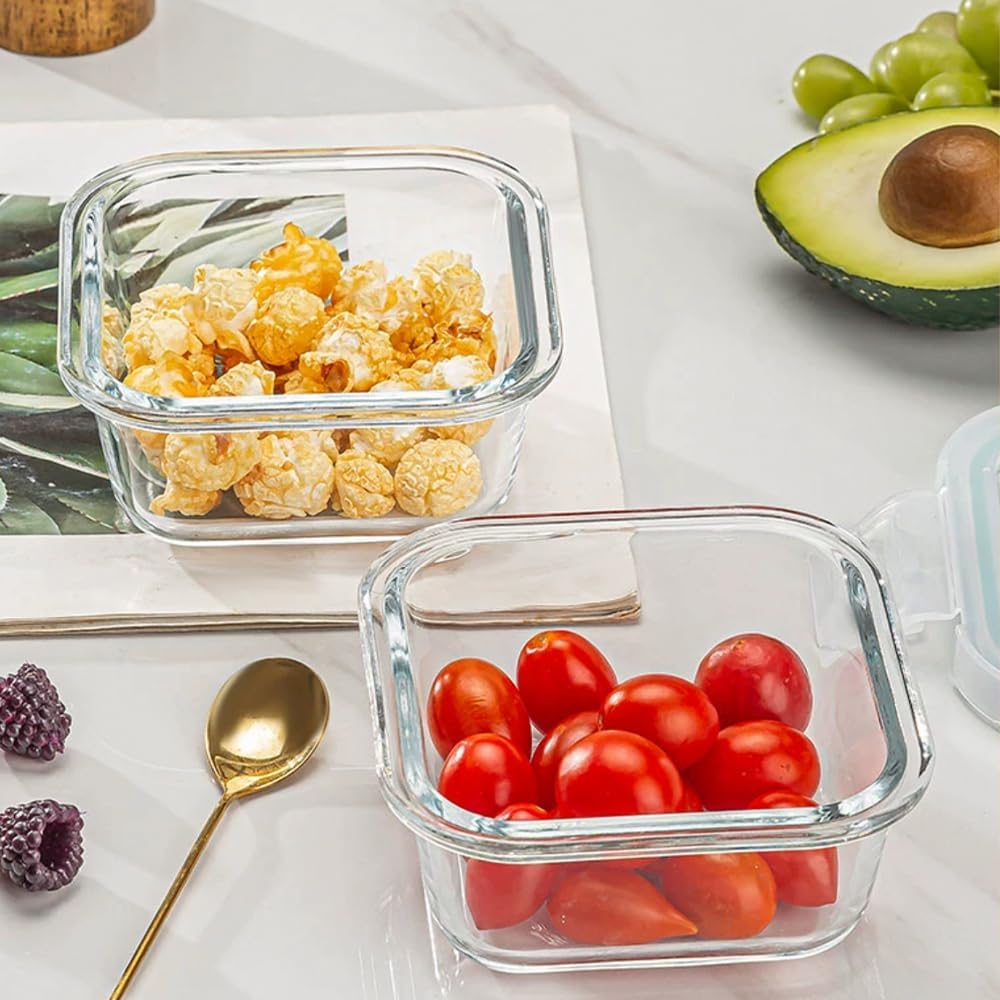 8PC Square Glass Containers With Lids, Glass Square Meal Prep Containers Set, 2 Cup Clear Small Food Containers For Soup Snack fruit, Microwave, Dishwasher, Freezer Safe - (4 color)