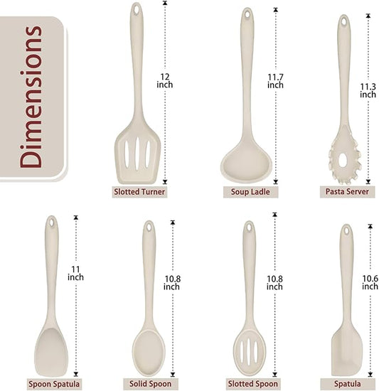 P&P CHEF Silicone Cooking Utensils Set of 7, Heat-proof Kitchen Utensils Set for Nonstick Cookware, Non-stick Spatula, Slotted Turner, Soup Ladle, Pasta Server, Spoon for Cooking Serving - Khaki