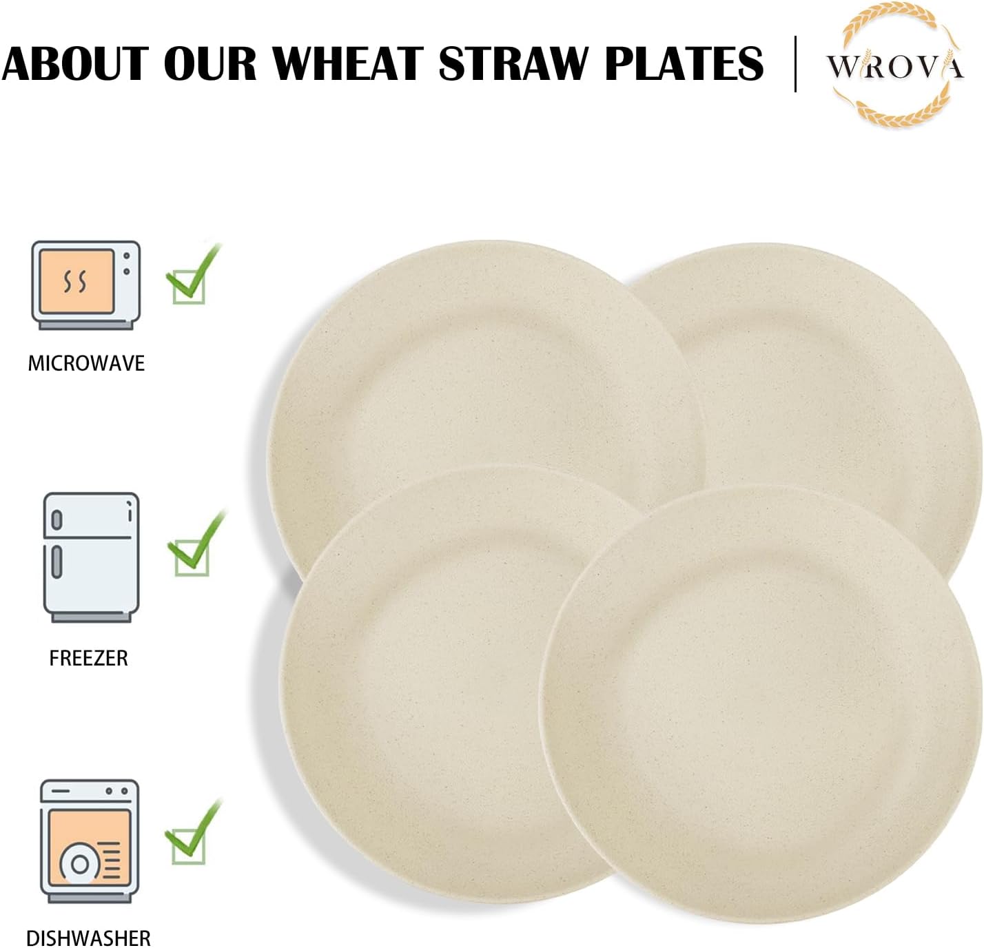 Wrova Wheat Straw Dinner Plates 9 Inch Unbreakable Set of 8 - Dishwasher & Microwave Safe Plastic Plates Reusable - Lightweight Plates for kitchen,camping,salad,appetizer - Beige