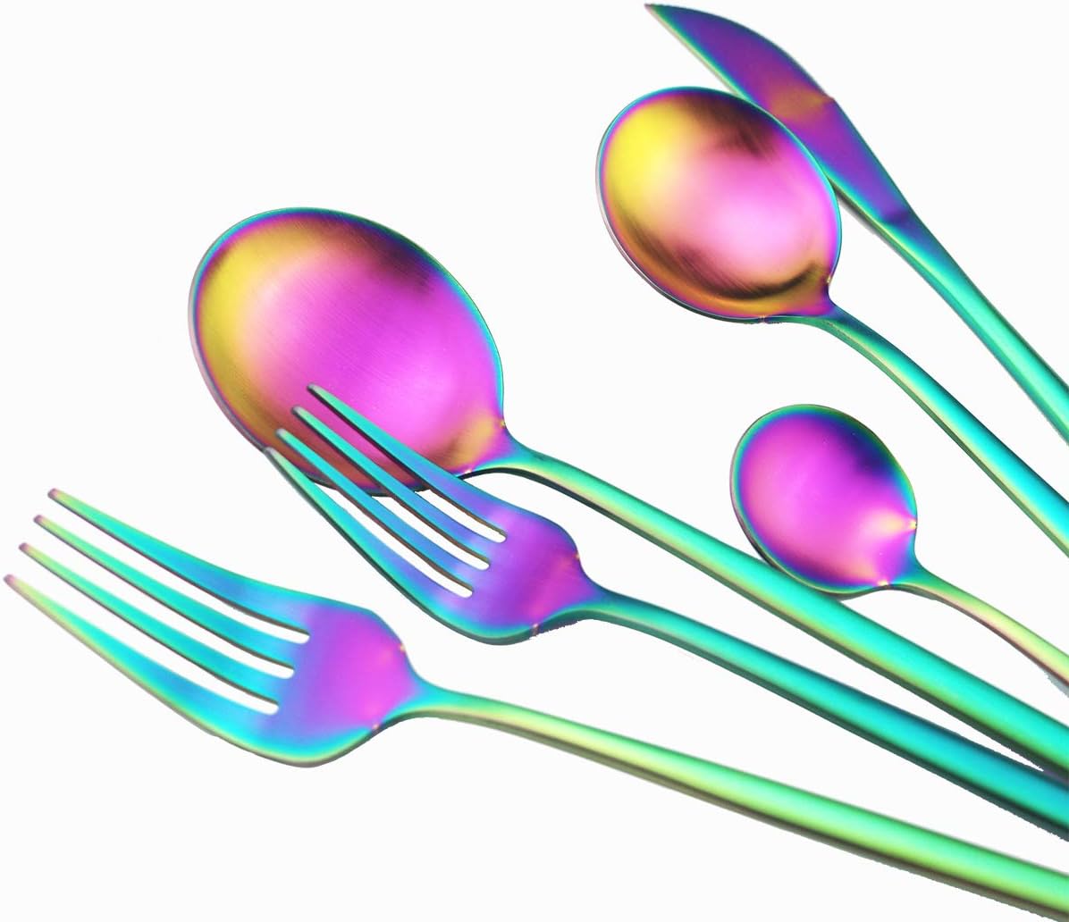 60-Piece Modern Matte Silverware Set, Uniturcky 304 Stainless Steel Flatware Cutlery Set, Elegant Kitchen Utensils Service For 12, Includes Dinner Knives/Spoons/Forks, Rainbow Satin Finish