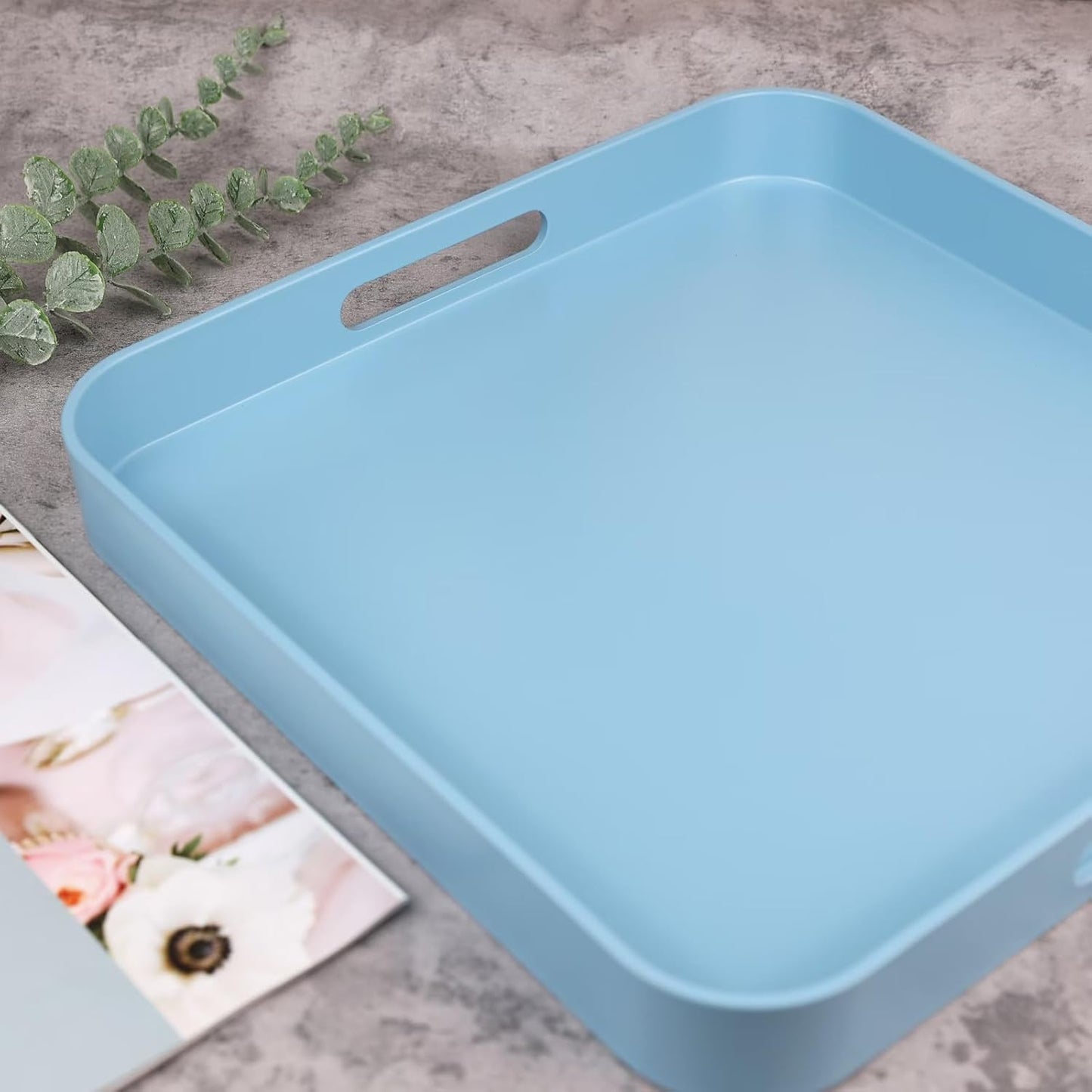 Square Blue Decorative Serving Tray with Handles, Versatile Ottoman Tray for Coffee Table, Entertaining, Outdoor Patio, Living Room, 13”*13”*1.6”