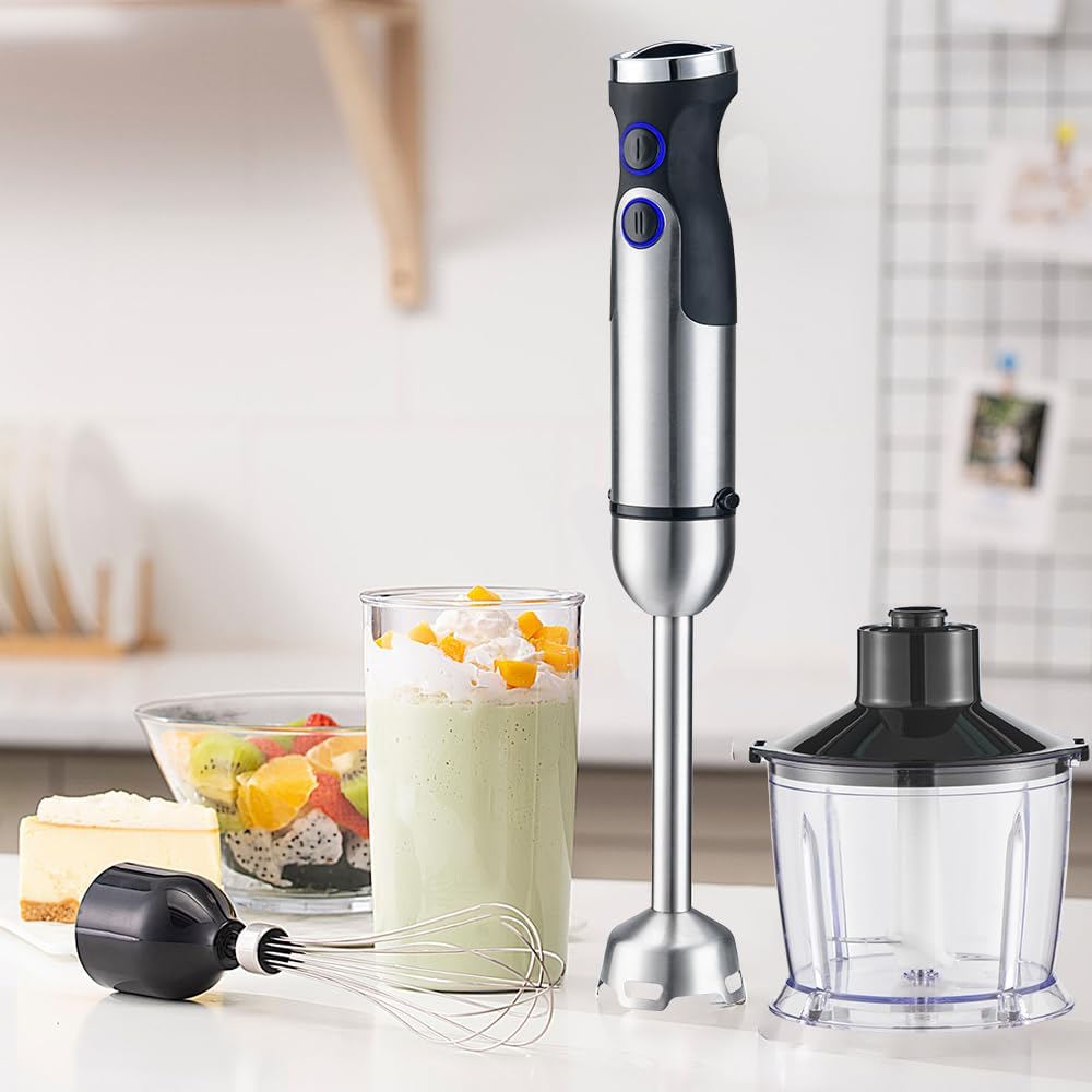 Immersion Hand Blender,Electric Blender, 5 in 1 SS Immersion Blender, 1200W Powerful Hand Stick Mixer Blender with Turbo Mode,with Variable Speed & Chopper, Whisk and Frother, 15.55