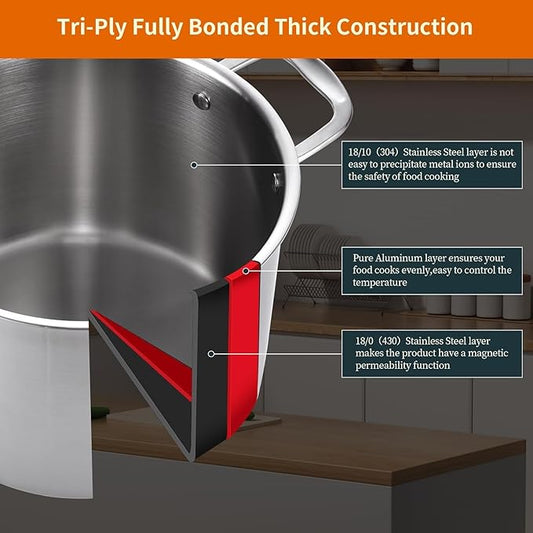 DELARLO Tri-ply Stainless Steel 20QT Stock Pot, Compatible with All Stoves Up to 600℉, 18/10 Induction Big Cooking Pot with Lid, Fast & Even Heating, Durable Large Soup Pot