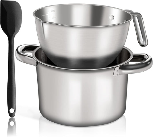 Marsheepy Double Boiler Pot Set, 2500ML(2.3QT) Mixing Bowl for Chocolate Melting, 4000ML(3.63QT) Stainless Steel Pot With Silicone Spatula for Melting Chocolate, Candy, Candle, Soap, Wax