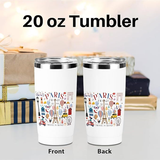 Paris Travel Gifts for Women Tumbler, 20 oz Stainless Steel Coffee Mug,Insulated Cup with Lid for Car, Travel Essentials Gifts for Women Men Traveler France Paris Lover Friendship Birthday Christmas