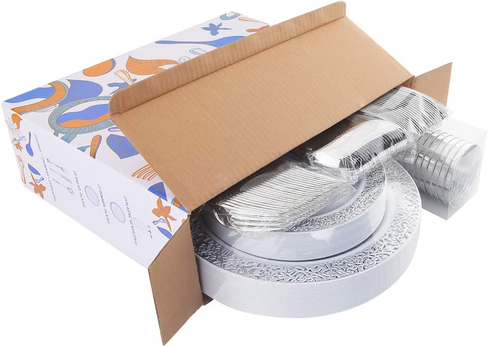 WDF 25Guest Silver Plastic Plates with Disposable Plastic Silverware &Silver Rim Cups- Include 25 Dinner Plates, 25 Salad Plates,25 Forks, 25 Knives, 25 Spoons&25 Cups for Christmas