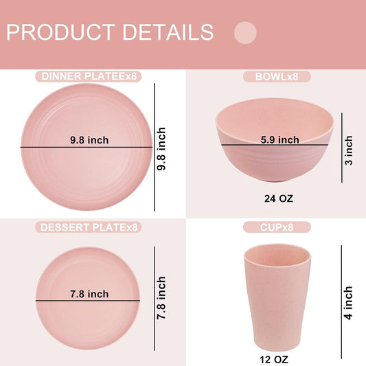 Supernal Pink Wheat Straw Dinnerware Sets,Unbreakable Dishes for 8, Plate and Bowls Sets, Reusable Plates, Microwave Dishwasher Safe Plates,Plastic Dinnerware Set, Pink Plastic Tableware