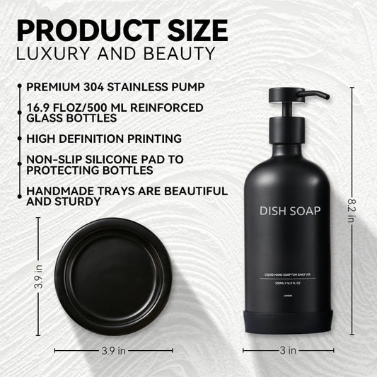 Glass Soap Dispenser Set by Janxin,Bathroom Soap Dispenser Set with Ceramic Tray,Luxury Bathroom Accessories,Modern Kitchen Decor (Black(Dish Soap))