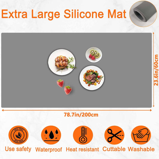 Extra Large Silicone Mat 78.7''x23.6'', Large Silicone Mats for Kitchen Counter, Multipurpose Heat Resistant Mat, Waterproof Placemat for Countertop Protector, Black
