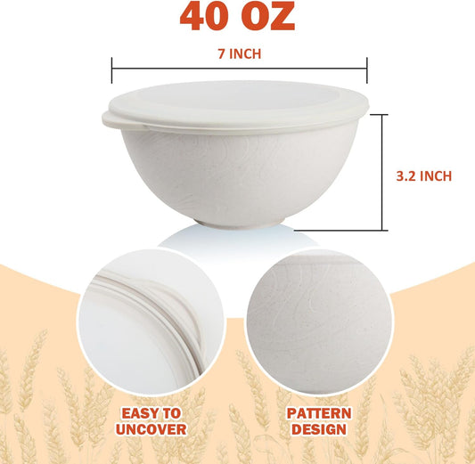 Wrova alternative plastic bowl set with lids,unbreakable wheat straw bowls 40oz suitable for indoors and outdoors,overnight foods container with cover. White