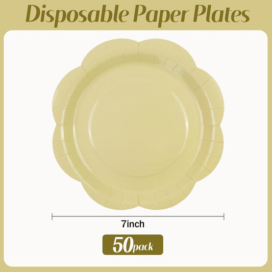 50 Pack Yellow Paper Plates 7 Inch, Disposable Scalloped Plates Cake Dessert Plate for Dinner Baby Shower Wedding Bridal Shower Birthday Party Supplies (Yellow, 7 inch)