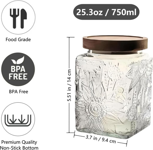 Vintage Glass Jar, 25.3 FL OZ Square Food Storage Container, Glass Canister with Wooden Lid, Decorative Jar for Home Kitchen Coffee, Tea, Candy, Sugar Jar