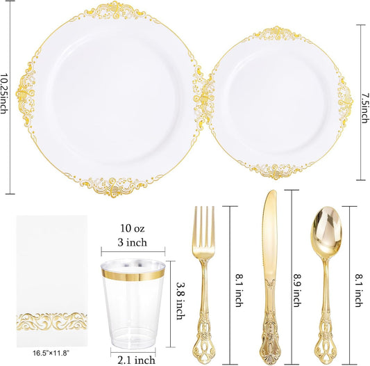 YOUBET 700PCS Gold Plastic Dinnerware Set - White and Gold Disposable Plates for 100 Guest - 200 Disposable Plates, 300 Heavy Duty Plastic Silverware, 100 Cups,100 Napkins for Wedding Thanksgiving